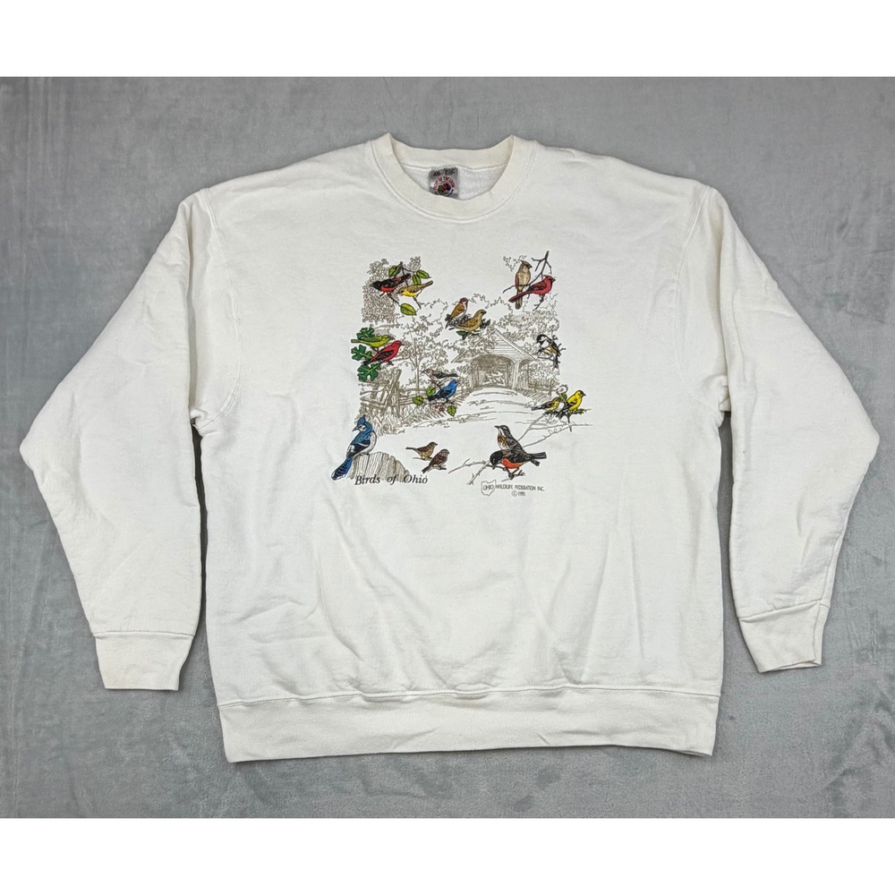 Vtg 90s Birds Ohio Graphic Sweatshirt XXL White Grandmacore Granola Naturecore